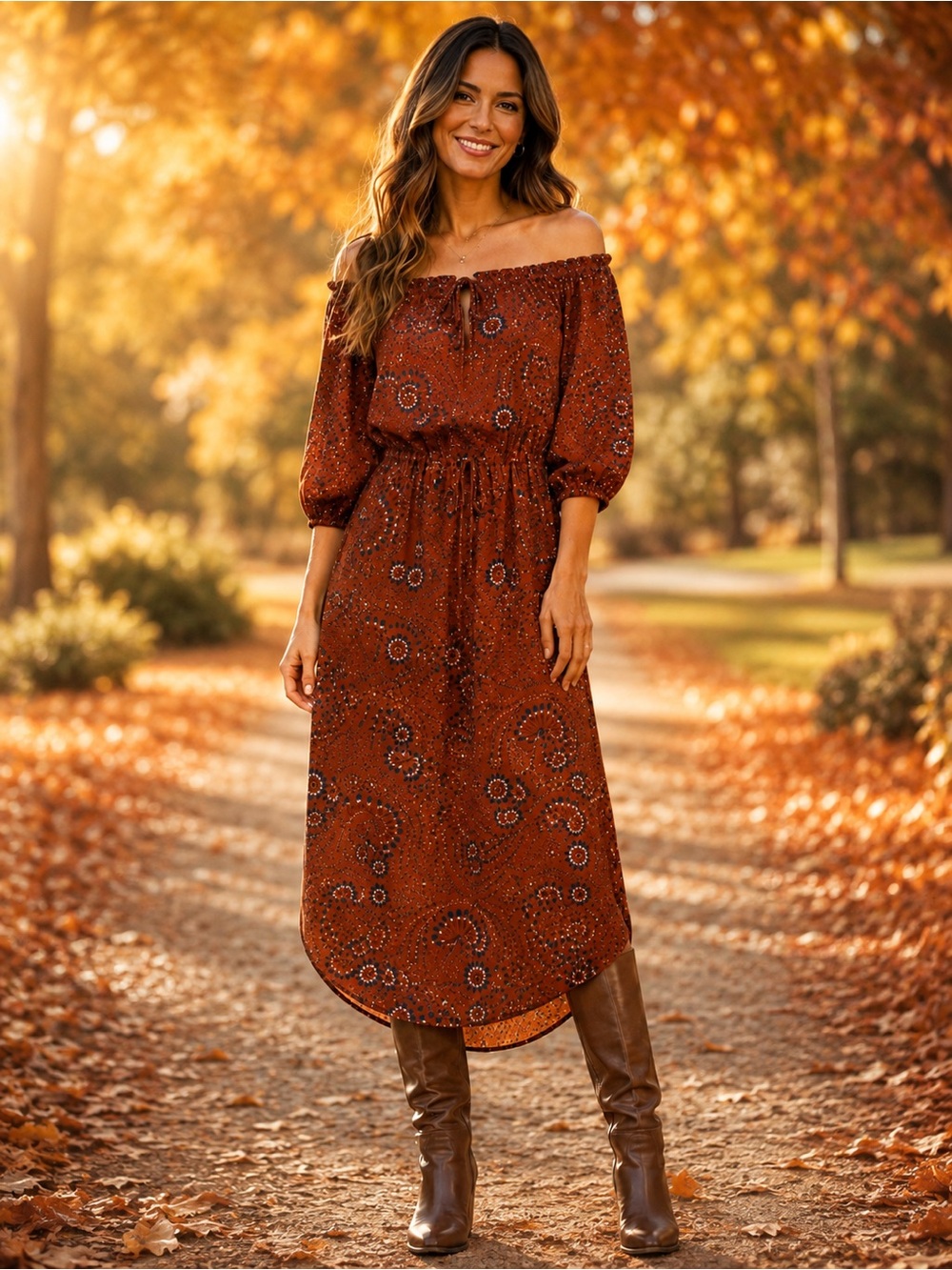 Everly Paisley Off-Shoulder Midi Dress Rust Orange Size Small Cottagecore